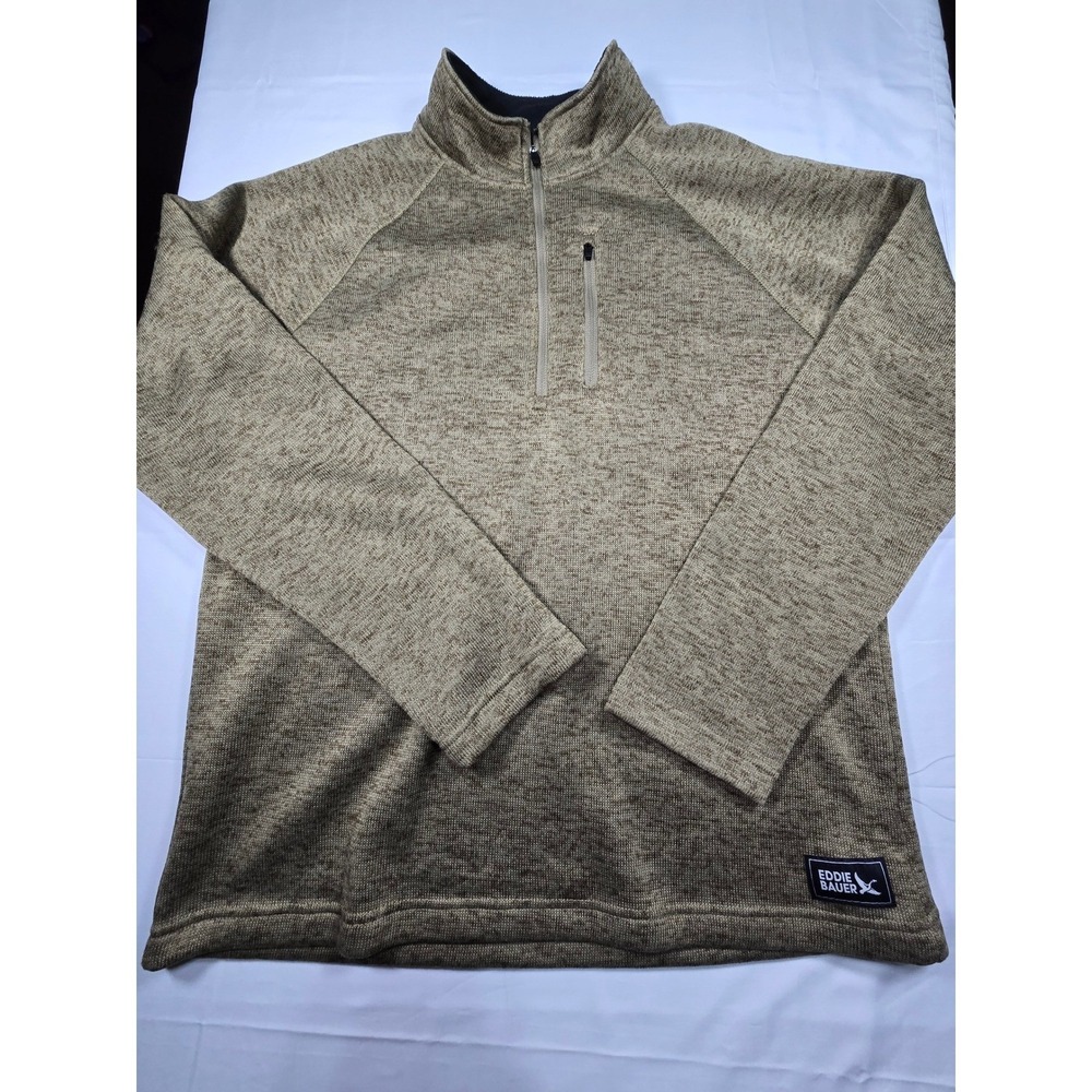 Eddie Bauer Mens Large Tan Marl Quarter Zip Fleece Pullover Sweater Knit L